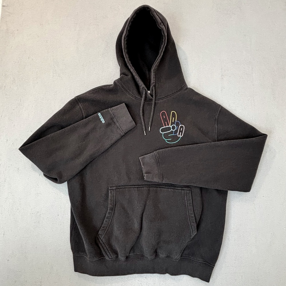 Adidas Originals Mens Black Peace Sign Graphic Hoodie Sweatshirt Trefoil Logo XL